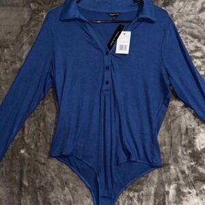 Violets & Roses Womens 1X Blue Ribbed‎ Knit Long Sleeve Collared Bodysuit Top